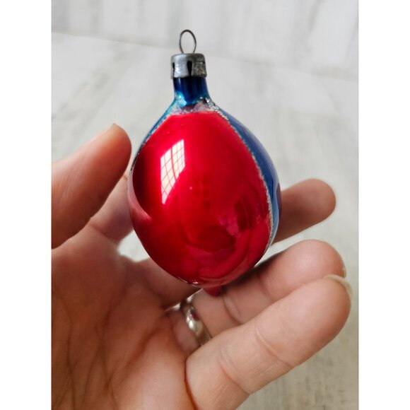 Vintage Mercury glass indent teardrop blue striped flocked ornament Xmas tree - Picture 10 of 13